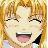 Pixelated anime-style character with closed eyes, wide open mouth showing teeth and tongue, and light brown hair against a yellow-orange gradient background.