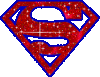 Three red and blue Superman S-shield icons with glitter texture on gray background, arranged in two
