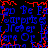 Blue and red pixelated text repeats across a black background, with red artifacts scattered throughout the image.