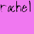 Pixelated pink background with repeated text 'rachel' and a black heart symbol in the bottom-right corner.