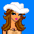 Pixel art contact sheet showing three distinct frames of an animated buddy icon with a blue background, featuring a cartoon woman in cowboy attire and partial body shots.