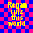 Yellow pixelated text on a blue and pink checkered background with subtle motion effects.