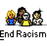 Pixel art contact sheet showing four frames of an animated icon with diverse cartoon characters and text bubbles, each frame displaying different speech bubble text over the same character lineup against a gray background.