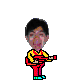 Pixelated character in red and yellow outfit performs dynamic poses including standing, kicking, and bending over against gray background.
