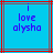 Blue background with red and gray lines; blue pixelated text reads 'i love alysha' in three centered lines