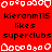Red background with white pixelated shapes and repeated black text reading 'kieranm115 likes superclubs' across three