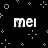 Black background with white pixelated text 'mei' repeated three times, surrounded by small geometric shapes including crosses and squares.