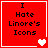 Red square with white border containing black text "I Hate Linore's Icons" and changing heart symbols.