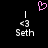 Pixelated icon with black background, pink heart symbol above two identical 'Seth' labels each preceded by '<3'