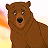 Brown pixelated bear with wide eyes and a dark nose, set against a gradient background of orange, yellow, and white pixels.