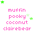 identical pink text labels reading 'muffin', 'pooky', 'coconut', and 'clairebear' with scattered green stars on a white background
