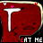 A red, textured, T-shaped figure with small black eyes and a curved mouth appears in . The text "EAT ME" is visible below the figure in some frames while other frames show variations like "IM COOL." Small pink and white heart shapes float around the figure