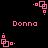 Pixelated pink icon with 'Donna' text and rotating square patterns on black background.