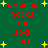 Green background with yellow stars and red text repeating 'AMANDA ROCKS THE SOCK OFF' in a pattern