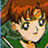 Pixelated image of a character with brown hair and large eyes, wearing a green outfit with white accents, set against a blurred background.