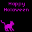 Pixelated purple cat walking left on black background with 'Happy Holaweem' text in purple above and below.