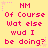 Yellow background with pink pixelated text reading "NM Of Course Wat else wud I be doing?" repeated in a pattern with small pink stars