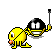 Animated contact sheet showing 15 sequential frames of a yellow stick figure character holding a black bomb with white eyes, performing a running motion while the bomb's fuse burns and changes color across frames.