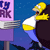 Pixelated cartoon character with yellow hair and white shirt stands beside a purple sign with partial text against blue background.