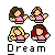 Four pixelated female figures with distinct hair colors wear pink tops against a gray background, with 'Dream' text below.