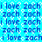 A static pixel art image with repeating text on a blue background, featuring alternating 'i love' and 'zach' phrases in dark blue letters. The background has white circular patterns.