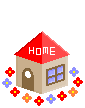 Animated pixel art contact sheet showing a white cartoon character in a brown box with red roof, surrounded by flowers, changing expressions across frames.
