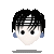 Pixelated head with black hair, blue ear accents, and white face showing two distinct facial expressions against gray background.