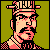 Pixel art portrait of a character with black hair, mustache, and goatee wearing a pinkish-red headband against an olive green background.