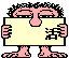 Pixelated character with pink skin and black hair holds a sign with changing Chinese text against gray background.
