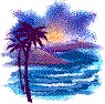 Pixelated beach scene with palm tree silhouettes, ocean waves, and sunset sky in blue, purple, and orange hues.