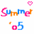 Pixelated 'Summer' text in pink, blue, and orange with two heart symbols above; the left heart is solid pink while the right is outlined blue.