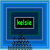 Pixelated blue square frame with green inner border contains black rectangle displaying green pixel text 'kudos' and dark gray cursor below.