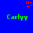 Blue background with red pixelated heart symbol above green pixelated text 'Carlyy' on both sides.