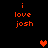 Pixelated orange text 'i love josh' on black background with two heart symbols, one bright red and one brown.