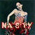 A pixelated figure in a blue and white top with red pants stands against dark background, displaying text that changes from 'NASTY' to 'GIRL'.