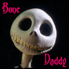 A skeletal head with hollow eye sockets and a wide toothy grin appears in two side-by-side frames, each labeled 'Bone' above and 'Daddy' below.