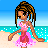 Pixel art animation of a female character in a pink dress walking on a beach with blue water and sand background.