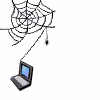 Animated sequence of spiderweb and laptop icons with varying web strand positions and laptop screen colors.
