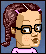 Pixel art avatar of a girl with brown braided hair, pink hair clips, black glasses, and a pink shirt against a blue background.