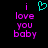 Pixelated text 'i love you baby' in purple with a cyan heart symbol above the 'i' on a black background.