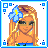 A 4x3 contact sheet of pixel art buddy icons featuring beach and summer themes with text labels, each icon showing a static or animated frame in blue-bordered squares on a gray background.