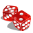 Two red dice with white pips rendered in pixelated style, casting gray shadows on a plain background.