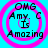 Four identical circular icons with pink concentric rings on a cyan background, each displaying black text reading "OMG Amy. C Is Amazing".