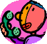 A 4x4 contact sheet of animated cartoon frames showing a character with orange and pink face, blue hair, purple shirt, holding green or blue phone receiver against a solid pink background.