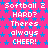Pixelated text on a pink background with blue stars, repeating 'Softball 2 HARD? Theres always CHEER!' in white and light blue.
