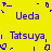 Yellow background with blue pixelated text reading Ueda and Tatsuya arranged in a pattern with decorative blue pixel elements