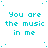 A static image displays repeated cyan text "You are the music in me" on a white background with scattered cyan dots, partially obscured by a gray rectangle.