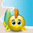 Pixelated yellow character with large blue eyes, orange mohawk, green wing-like appendage on left side, and white speech bubble against light brown and blue background.