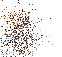 Pixelated animated sequence showing a robot character assembling from scattered particles, firing a weapon, and disintegrating back into particles against a gray background.