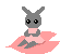 Pixel art animation of a gray rabbit-like character in a pink dress sitting on a pink cloud with floating red flowers, displayed as a 3x2 contact sheet of five sampled frames.